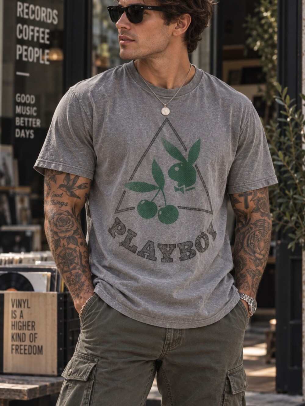 Mens Playboy Gray & Green Graphic T-Shirt Size L